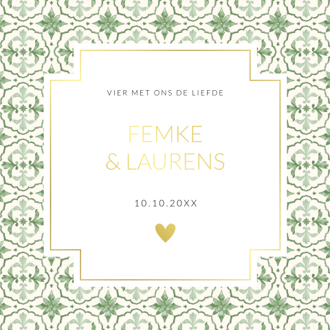 Trouwkaart mediterraans patroon groen goudfolie