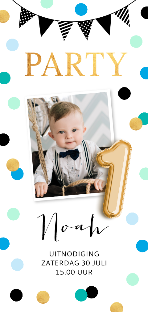 Uitnodiging kinderfeestje jongen 1 jaar dots confetti blauw foto