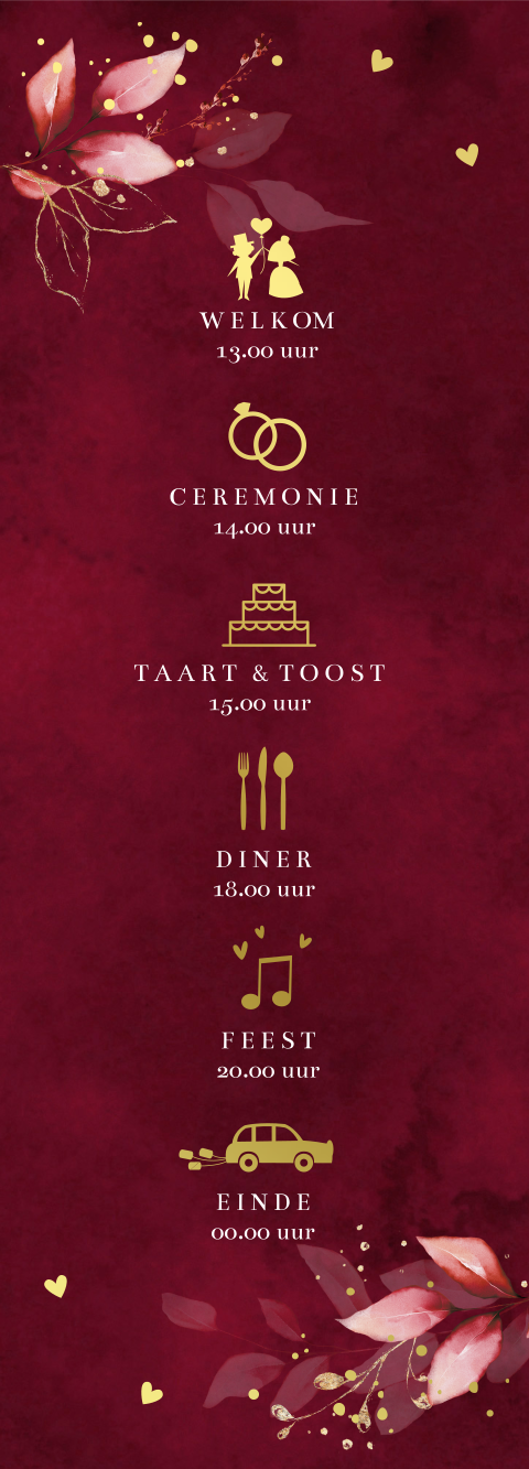 Programmakaartje bruiloft rood botanisch goud symbolen (per 3 stuks)