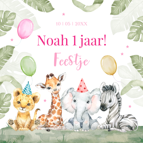 Uitnodiging kinderfeestje meisje 1 jaar jungle dieren ballonnen