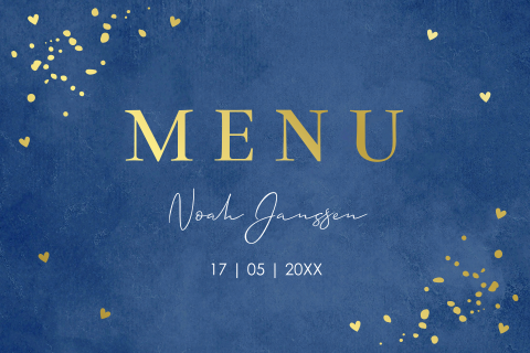 Menukaart communie blauw jongen confetti goudfolie