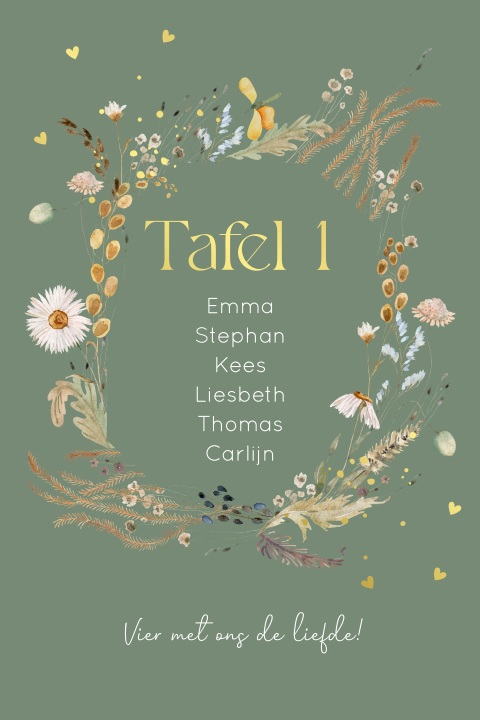Tafelkaart huwelijk groen bloemenkrans goudfolie