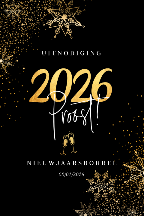 Zakelijke nieuwjaarsborrel uitnodiging zwart goudlook sterren 2026