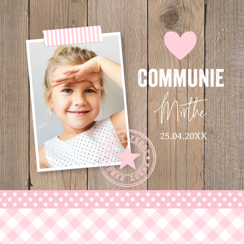 Communie uitnodiging meisje foto hout roze hartje