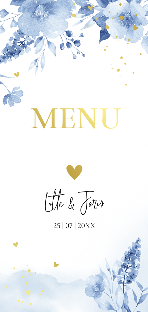 Menukaart huwelijk bloemen blauw goudfolie