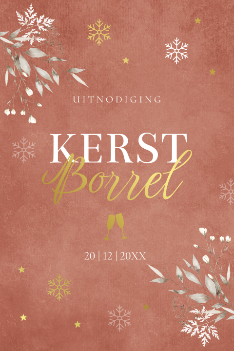 Kerstborrel uitnodiging terracotta botanisch takjes goudfolie