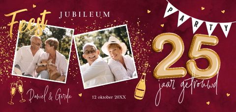 Jubileum uitnodiging 25 jaar getrouwd met foto rood goudlook