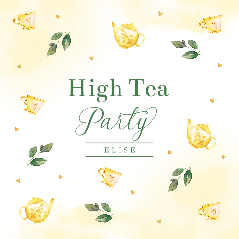 High tea uitnodiging geel theepotten kopjes blaadjes