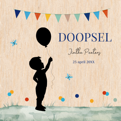Doopkaart echt hout silhouet jongen ballon slinger
