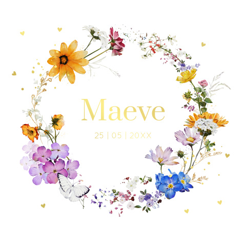 Geboortekaartje meisje wit bloemen krans roze goudfolie