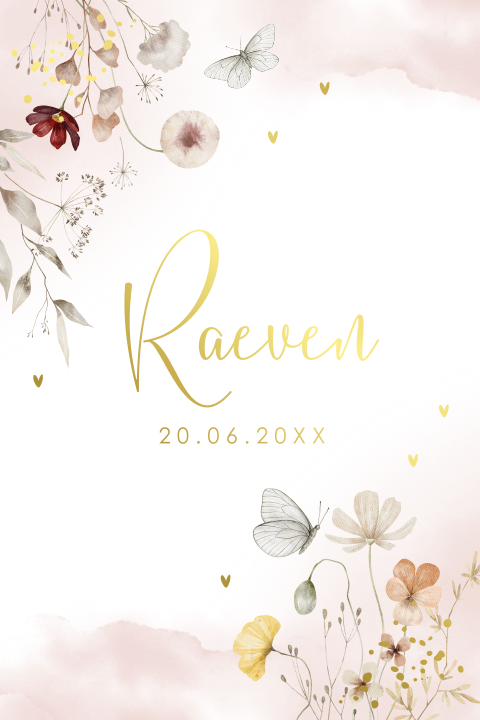 Geboortekaartje meisje bloemen vlinders beige goudfolie