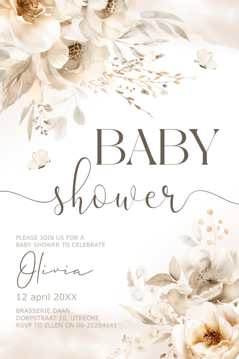 Babyshower uitnodiging bloemen beige