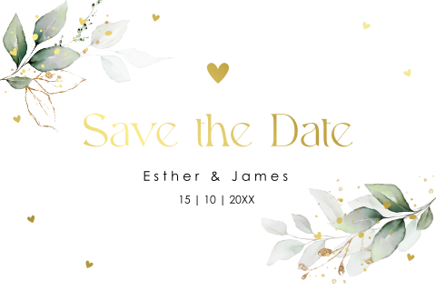 Save the Date kaart rechthoekig wit met groene bladeren goudfolie