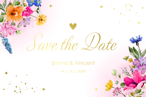 Save the Date kaart fleurige bloemen goudfolie Bright Flowers