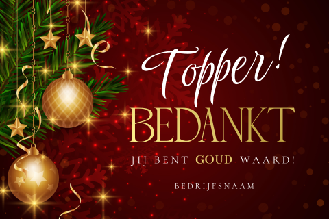 Zakelijke kerstkaart rood kerstballen goudfolie medewerkers
