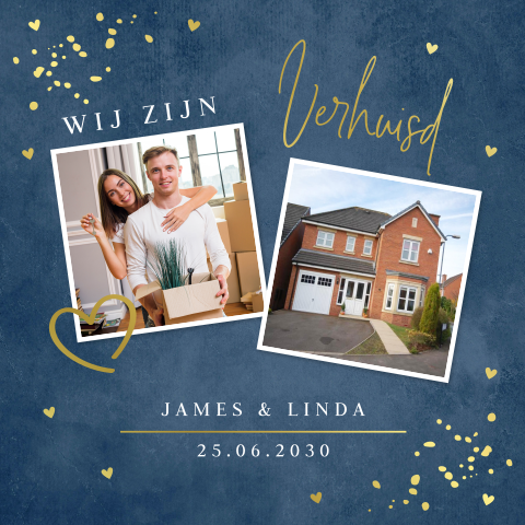 Verhuiskaart blauw foto goudfolie