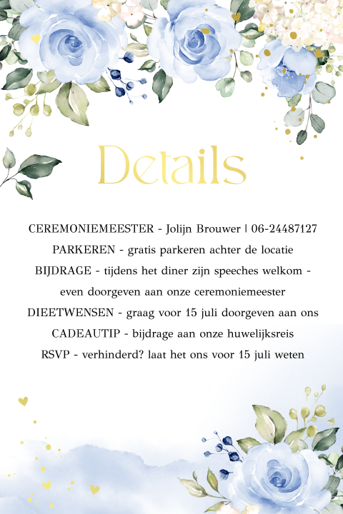 Extra informatie kaartje huwelijk bloemen blauw kalkpapier