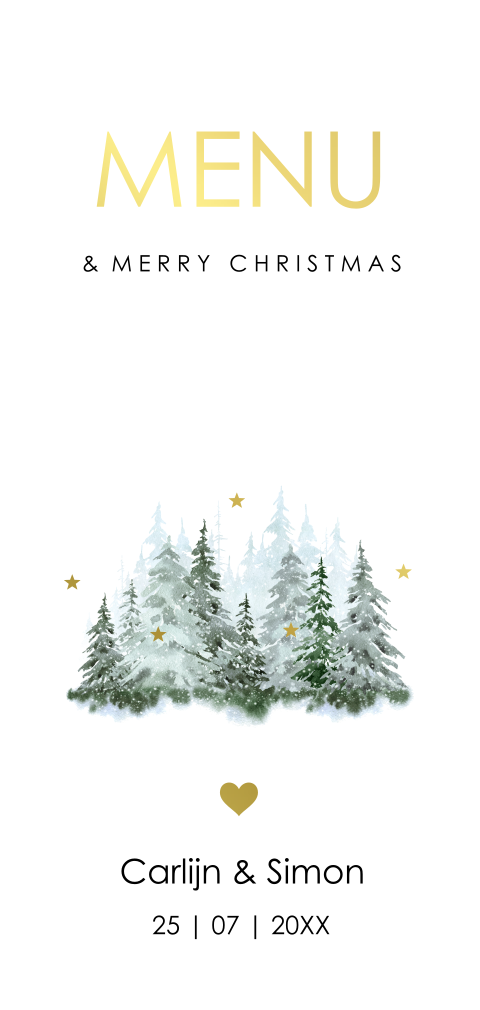 Kerstmenukaart winterlandschap bomen goudfolie