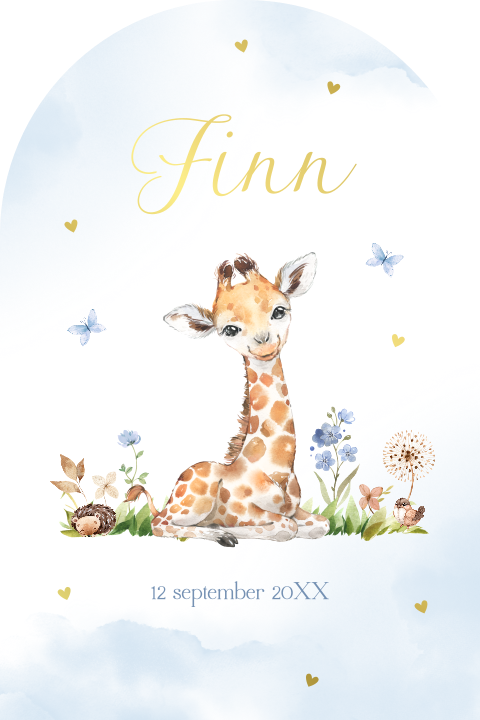 Geboortekaartje jongen giraffe blauw boog goudfolie