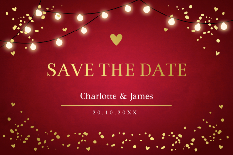 Save the Date kaart kerst rood confetti lampjes goudfolie