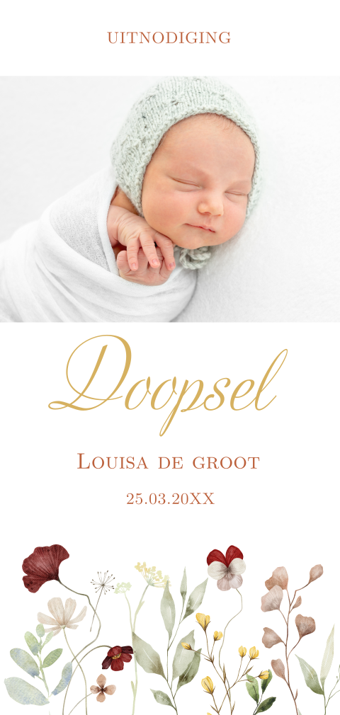 Doopkaart meisje langwerpig bloemen met foto