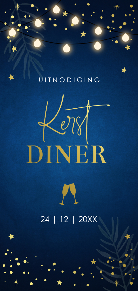 Kerstdiner uitnodiging blauw zakelijk lampjes sterren goudfolie