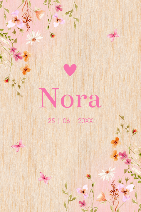Geboortekaartje echt hout bloemen roze meisje