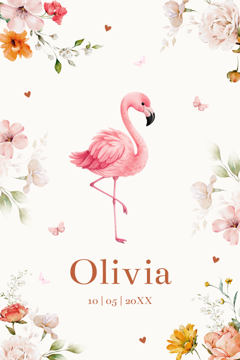 Poster geboortekaartje flamingo bloemen meisje