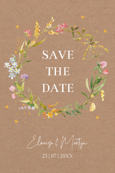 Save the Date kaart bloemen geel kraftlook