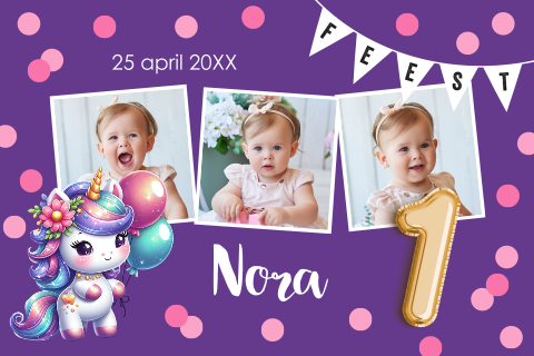 Uitnodiging kinderfeestje 1 jaar meisje foto eenhoorn confetti