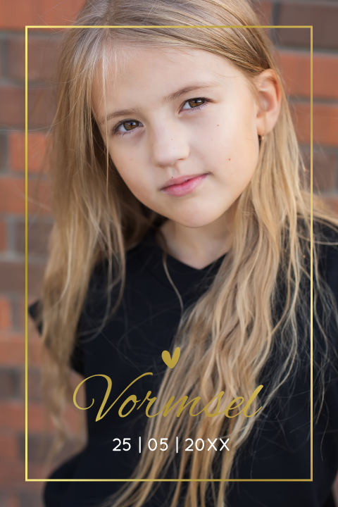 Uitnodiging vormsel meisje met eigen foto en goudfolie