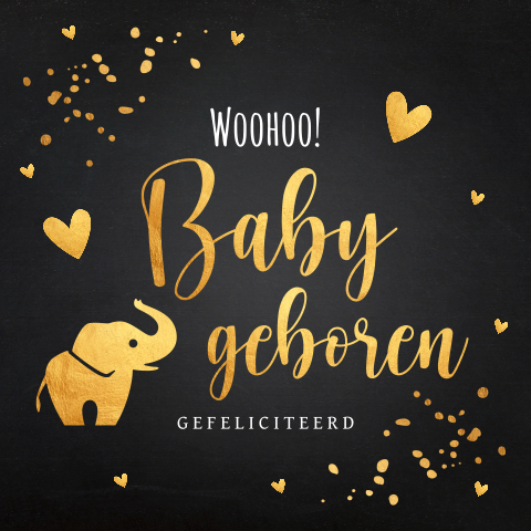 Felicitatie geboorte baby kaart zwart goudlook olifantje