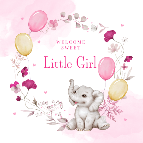Felicitatie kaart geboorte baby meisje olifantje roze ballonnen