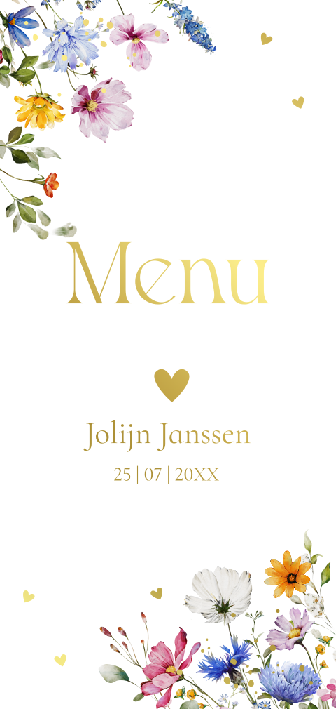 Menukaart langwerpig communie zomerse bloemen goudfolie