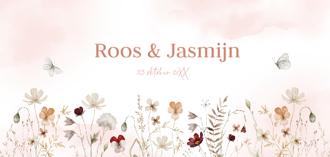 Geboortekaartje tweeling meisjes bloemen beige roze vlinders