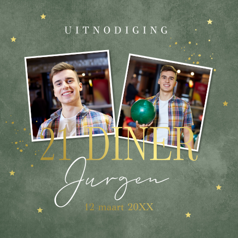 Uitnodiging 21 diner met foto groen goudfolie