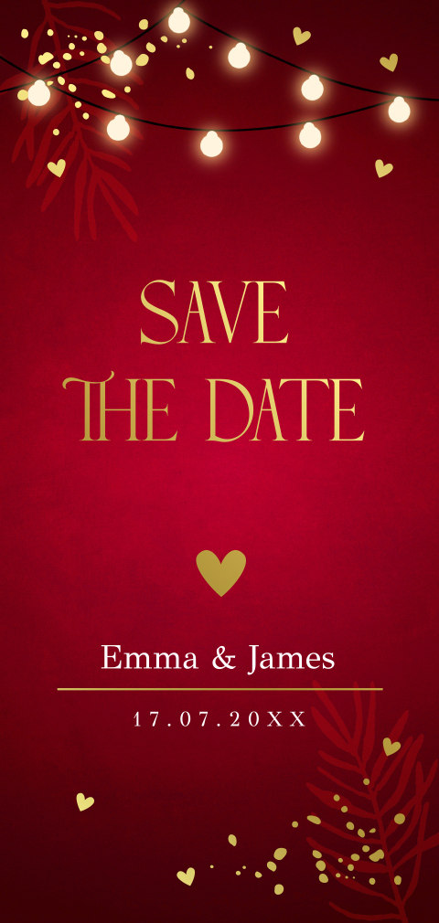 Save the Date kerstkaart rood lampjes goudfolie