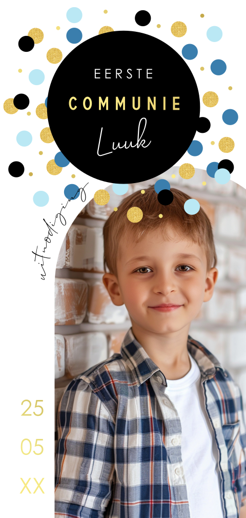 Communie uitnodiging jongen met foto langwerpig confetti goudfolie