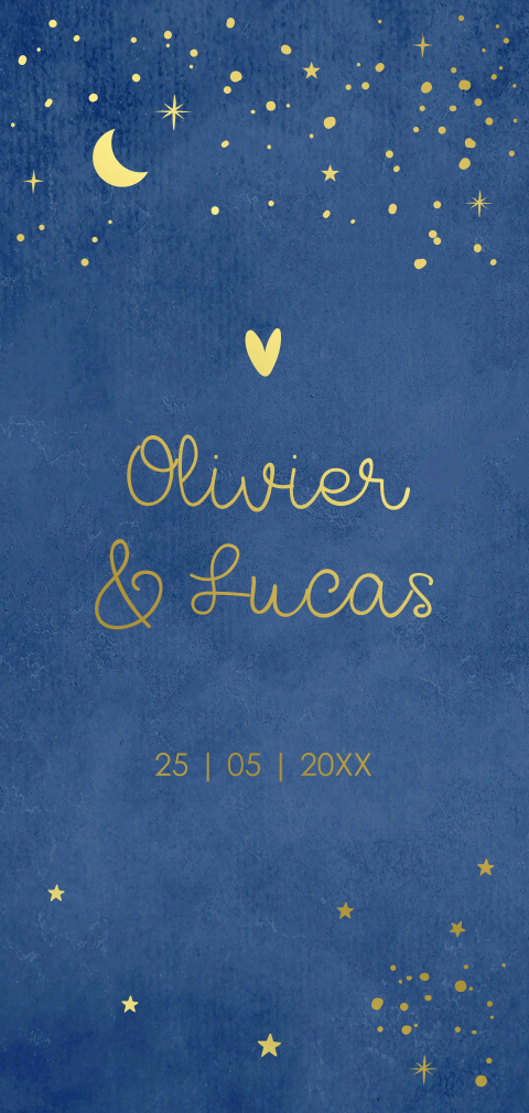 Geboortekaartje tweeling jongens blauw goudfolie