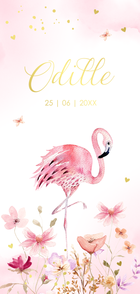 Geboortekaartje flamingo meisje watercolour bloemen goudfolie