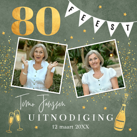 Uitnodiging verjaardag 80 jaar foto groen goud slinger feest vrouw