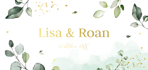 Geboortekaartje tweeling botanisch groen bladeren goudfolie