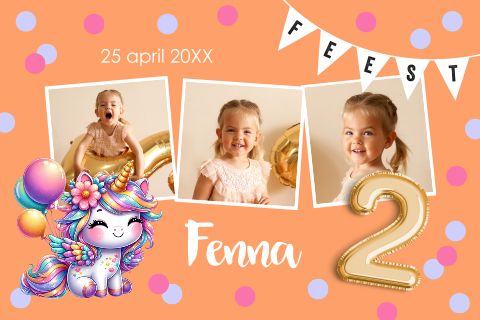 Uitnodiging kinderfeestje 2 jaar meisje foto eenhoorn confetti