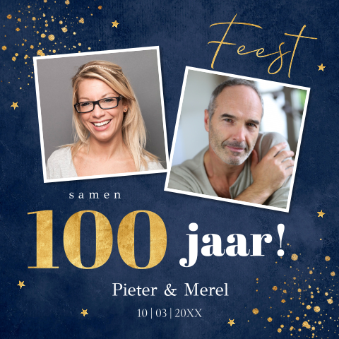 Uitnodiging verjaardag samen 100 jaar blauw met eigen foto