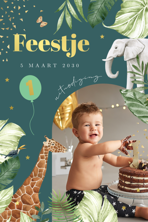 Uitnodiging kinderfeestje jongen groen foto jungle dieren goudfolie