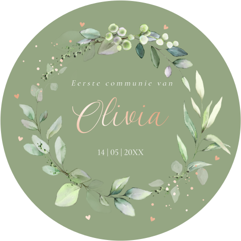 Communie uitnodiging rond meisje groen botanisch foliedruk