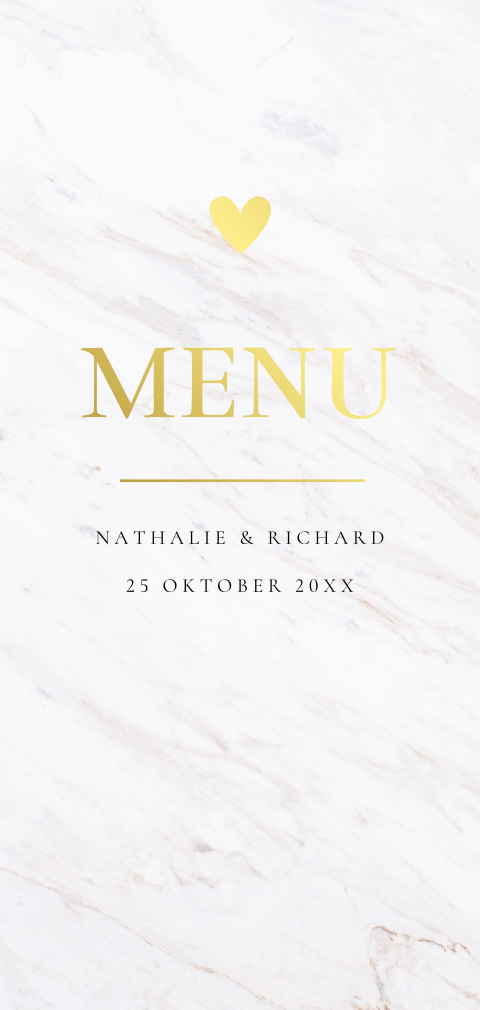 Menukaart huwelijk langwerpig wit marmerlook goudfolie