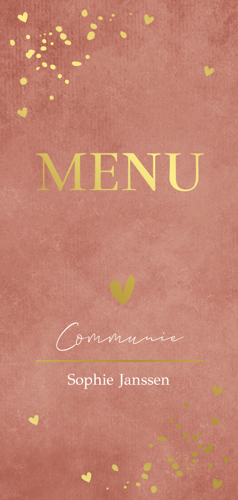 Menukaart communie terracotta spetters hartje goudfolie
