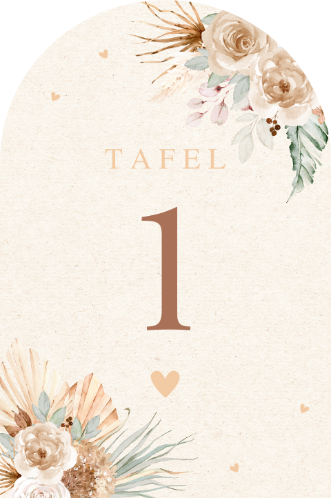 Tafelnummers bruiloft bohemian bloemen beige boog (95x143mm)