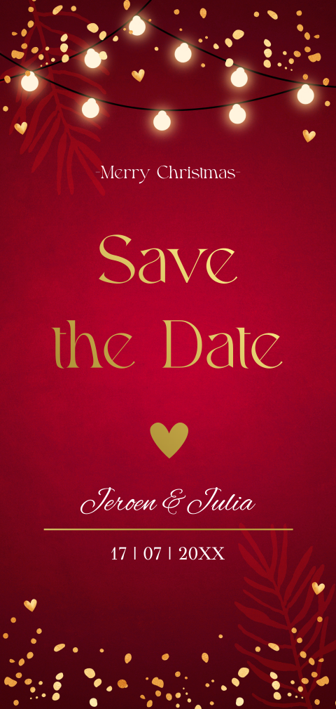 Save the Date kerstkaart rood lampjes goudfolie